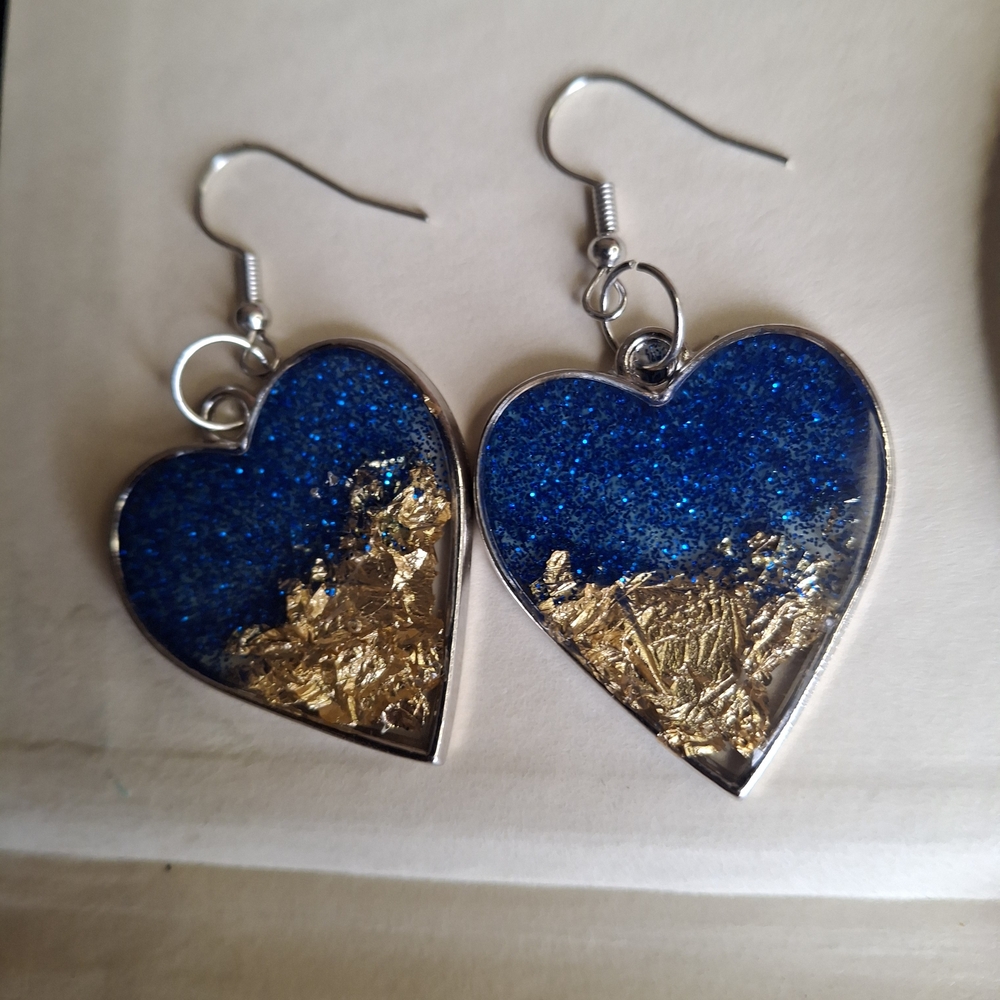 Blue Glitter Heart Drop Earrings with Gold Foil Accents
